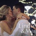 A bride and groom kissing with sparklers in the background
