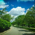A street with trees and a sky with clouds