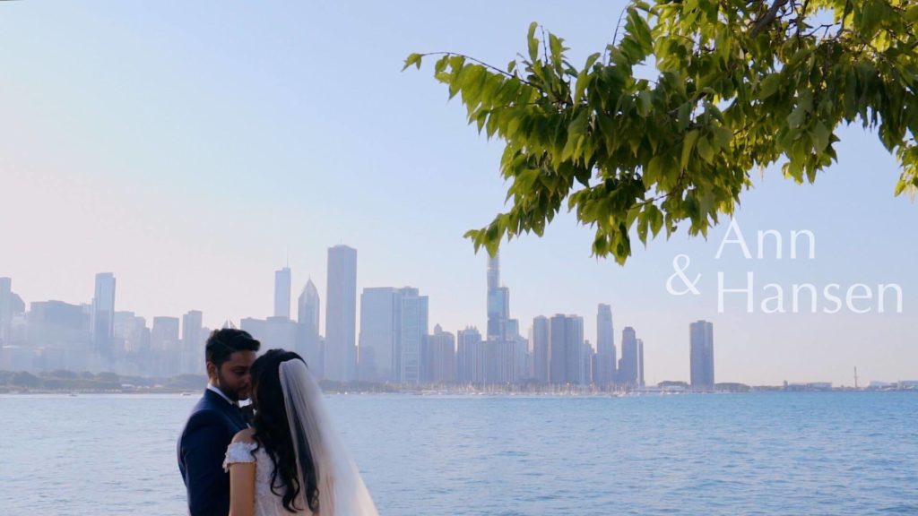 The bride and groom are taking iconic pictures of themselves at the Adler Planetarium in Chicago against the backdrop of the city's famous skyline.