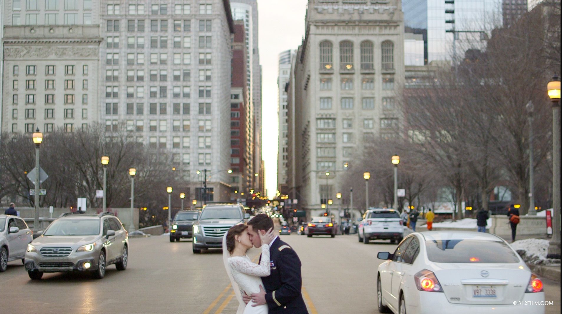 Bride & Groom Photo in the middle of the street Chicago