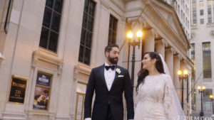 The bride and groom in the Chicago Financial District on LaSalle Street during the photo shoot.