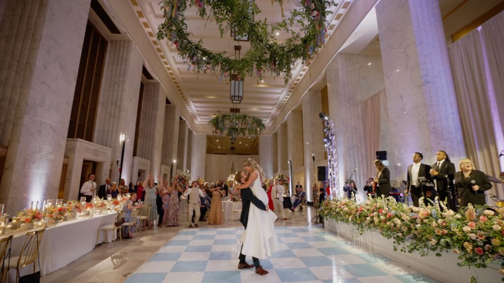 Kate and Ben (the bride and groom) are dancing in the Telegram Lounge at the Old Post Office in Chicago.