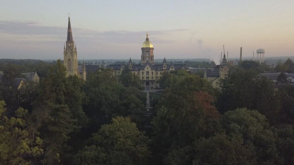 Aerial view of the Basilica of the Sacred Heart at the University of Notre Dame and the Golden Dome. 