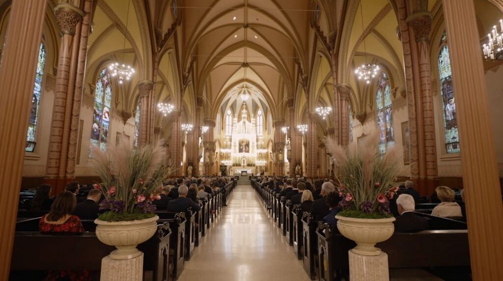 The altar view as the bride walks down the aisle at the Church of the Holy Family. 