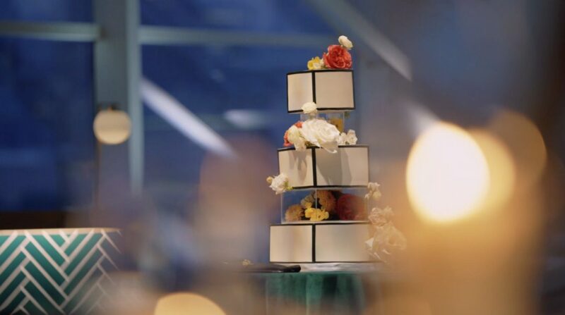 The wedding cake was provided by Food for Thought at the Adler Planetarium.