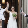The bride and groom made a grand exit from the Fourth Presbyterian Church, cheered on by their guests.