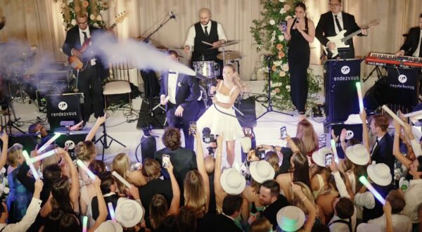 The bride and groom with the CO2 cannon on the dance floor at the Ritz-Carlton in Chicago.