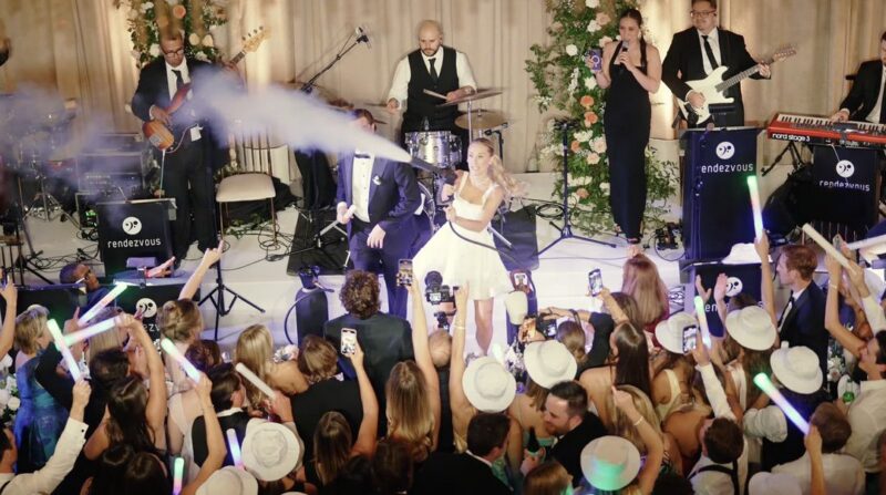 The bride and groom with the CO2 cannon on the dance floor at the Ritz-Carlton in Chicago.