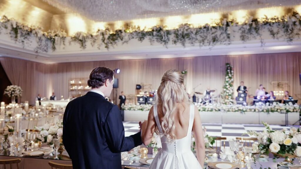 The bride and groom had a sneak peek of their reception ballroom at the Ritz-Carlton, Chicago, before their guests arrived.