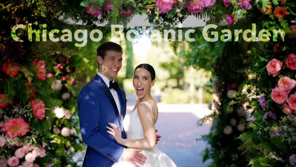 Jennifer and Josh on their wedding day at the Chicago Botanic Garden.
