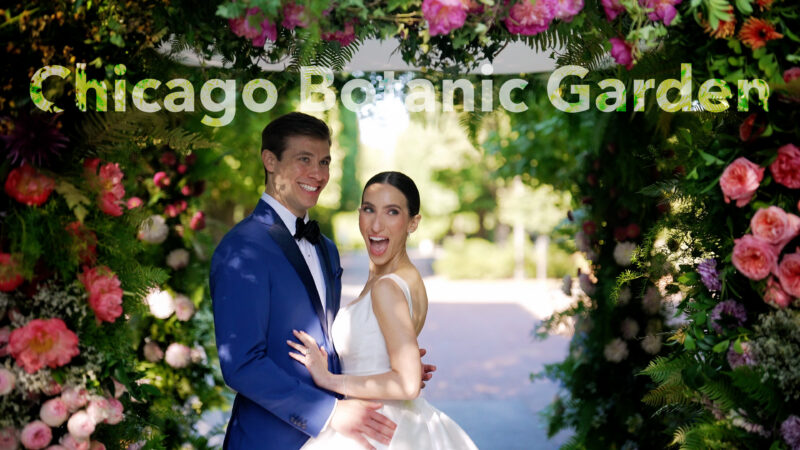 Jennifer and Josh on their wedding day at the Chicago Botanic Garden.