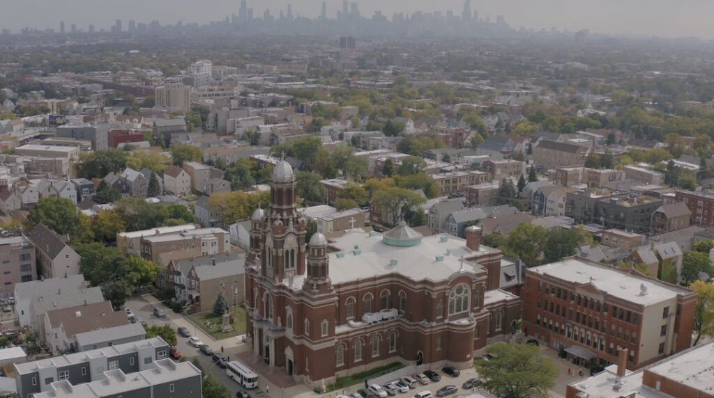 Aerial view of the Basilica of Saint Hyacinth in Chicago.
