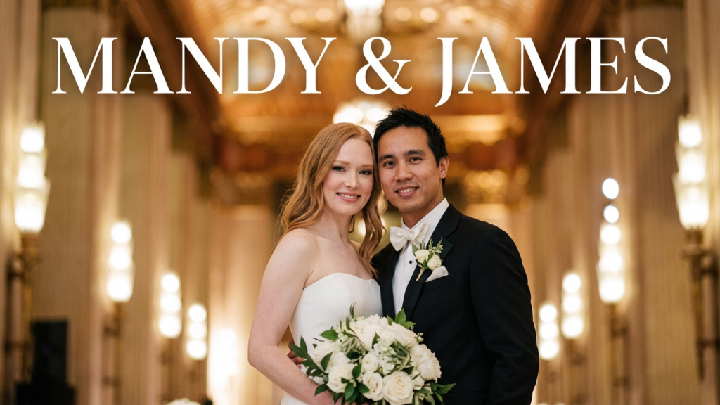 The bride and groom pose for pictures in the Grand Foyer of the Chicago Opera House on their wedding day.