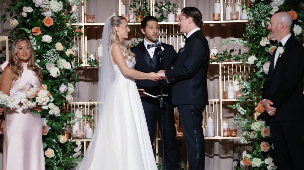 The beautiful wedding backdrop was provided by Halls Rental Chicago.