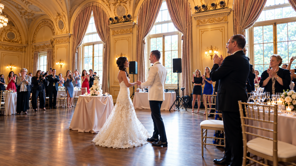 A couple dancing their first dance at the Chicago Symphony Orchestra. 