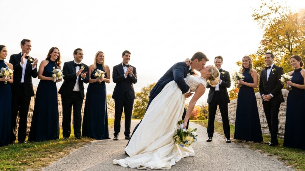 The bride and groom are kissing at the Glen View Club.