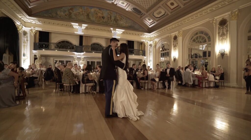 A couple dancing their first dance at the Medinah Country Club.