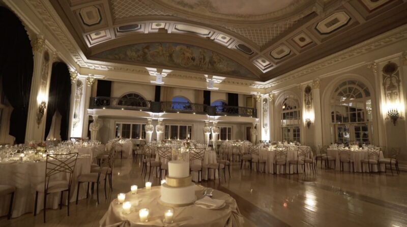 The wedding reception hall at Medinah Country Club is ready for the wedding.