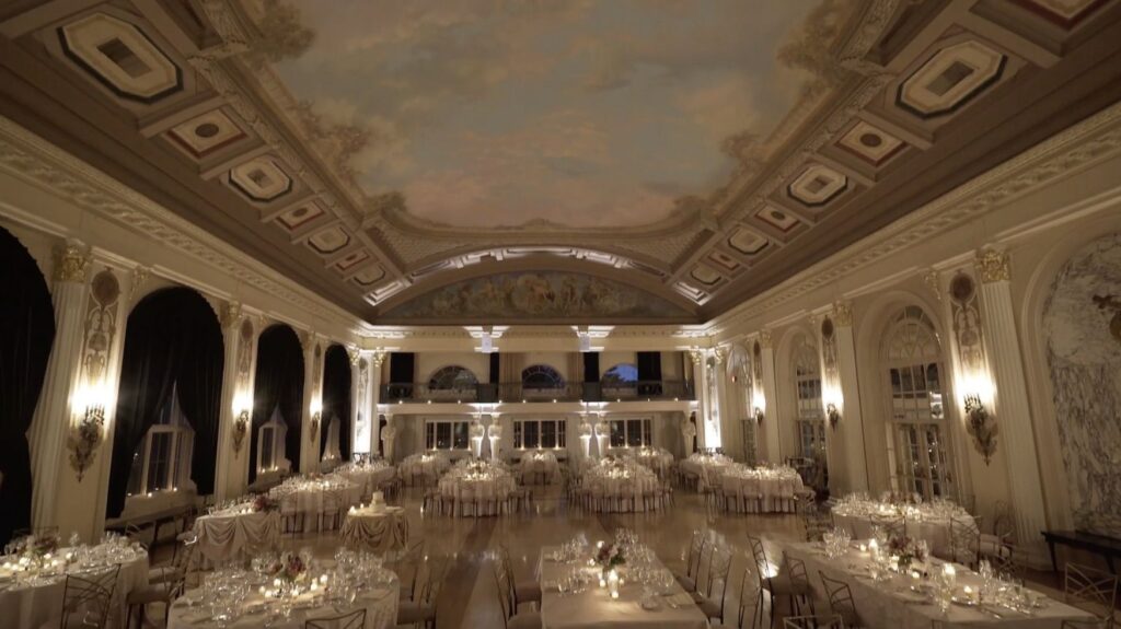 The wedding reception hall at Medinah Country Club is ready for the wedding.