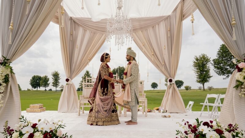 Nathan and Risha are standing at the altar during their Indian wedding ceremony.