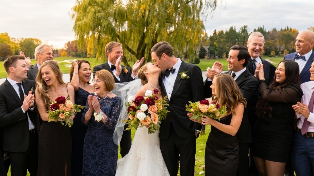 The bride and groom kiss in front of their happy families on the golf course. 
