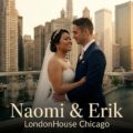 The bride and groom pose for a photo with the London House Coppola in the background on their wedding day.