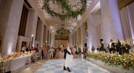 A married couple are dancing at the Telegram Lounge, which is located in the Old Post Office in Chicago.