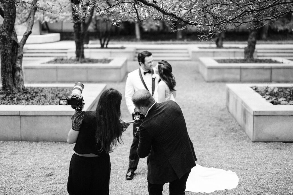 312 Films (Anna and Artem) are filming a wedding in the South Garden at the Art Institute of Chicago.